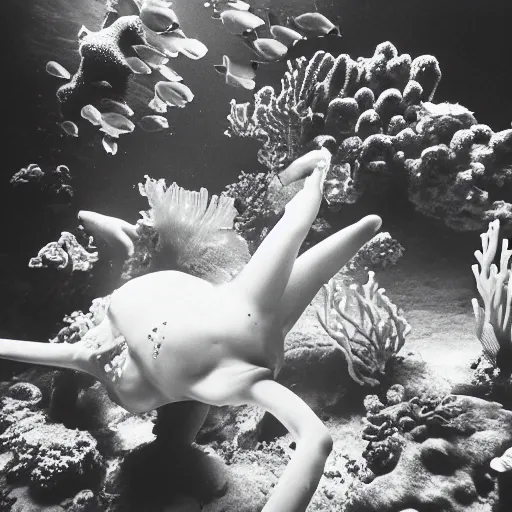 Image similar to medium format photograph of a surreal fashion shoot underwater with tropical fish and coral reefs and electricity