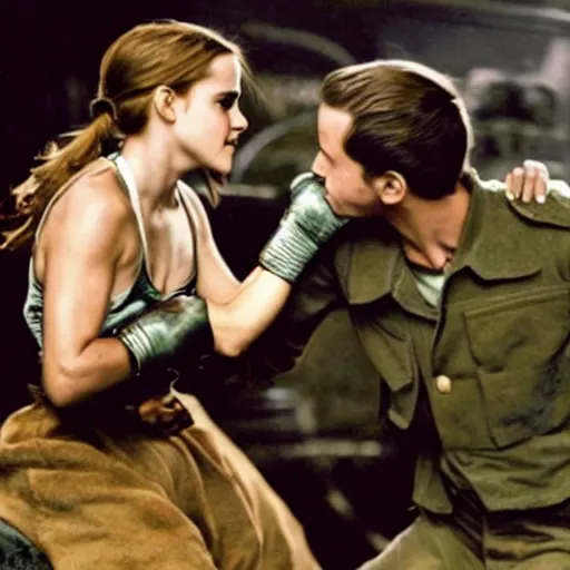 Image similar to a photograph of emma watson punching a german tiger tank
