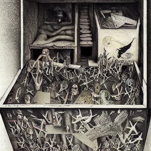 Image similar to box of ghosts| by Santiago Caruso and M.C. Escher and Joseph Cornell| very detailed| colorful beautiful eerie surreal psychedelic