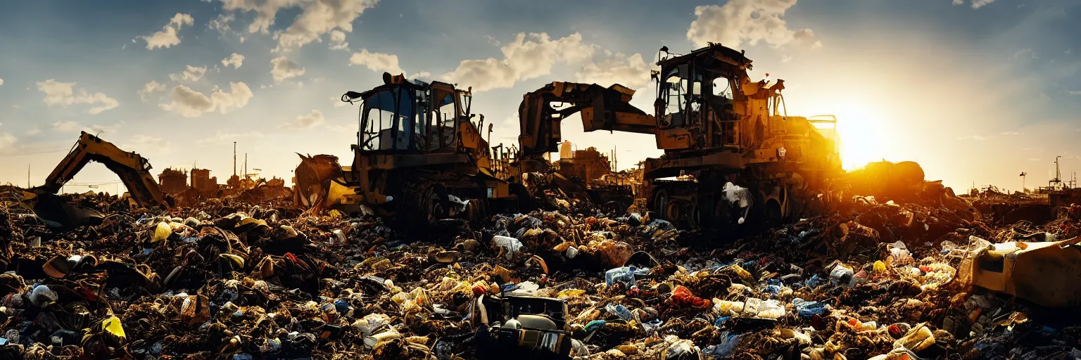 Prompt: Silhouette of bulldozer machine moving garbage on junkyard heap, photorealistic image, golden hour, low angle shot, very detailed