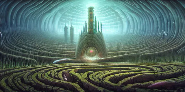 Image similar to painting alien nature labyrinth consuming futuristic mega city from blade in the style of nebulapunk by dan seagrave and tomasz alen kopera with futuristic castle by simon stahlenhag