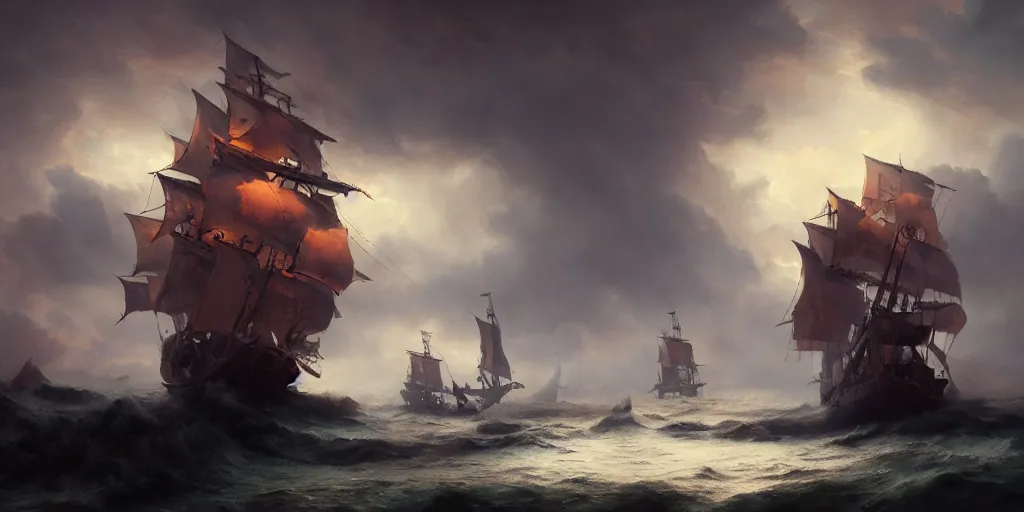 Prompt: a pirate ship from 1 7 0 0 s in the middle of a storm, extremely detailed digital painting, in the style of fenghua zhong and ruan jia and jeremy lipking and peter mohrbacher, mystical colors, rim light, beautiful lighting, 8 k, stunning scene, raytracing, octane, trending on artstation