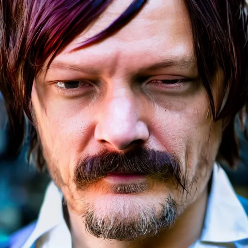 Prompt: norman reedus as waluigi, closeup photo, 2 5 mm, f 3. 4, bokeh