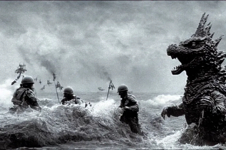 Prompt: film still godzilla!!! storming the beach of normandy in saving private ryan