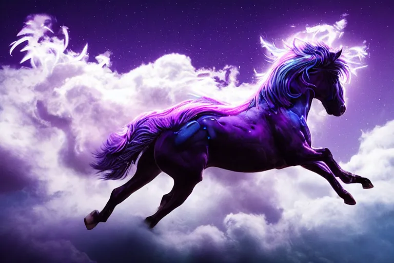 Image similar to a stunning horse with bioluminescent mane and tail running in the clouds by sandra chevrier and greg rutkowski, purple blue color scheme, vaporware, retro, outrun, high key lighting, volumetric light, digital art, highly detailed, fine detail, intricate, ornate, complex, octane render, unreal engine, photorealistic