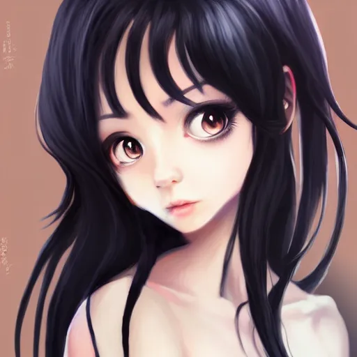 Image similar to beautiful girl, portrait, dark skinned, black hair, cute, digital painting, pixiv, popular illustrations, by enji _ works, masterpiece