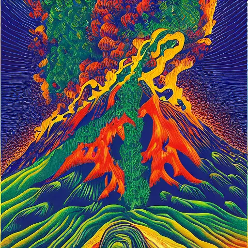 Image similar to vulcano, lava, trees on fire, surreal by dan mumford and umberto boccioni, oil on canvas