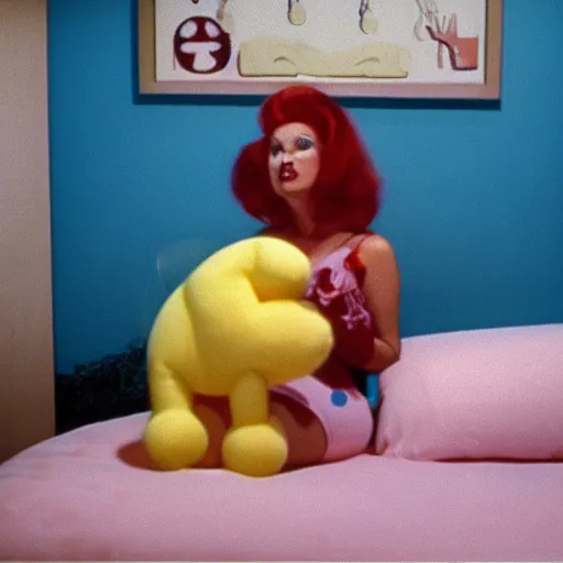 Image similar to bored housewife meets a confused inflatable toy in a seedy motel room, 1978 color Fellini film, ugly motel room with dirty walls and old furniture, archival footage, technicolor film, 16mm, live action, John Waters, campy and colorful