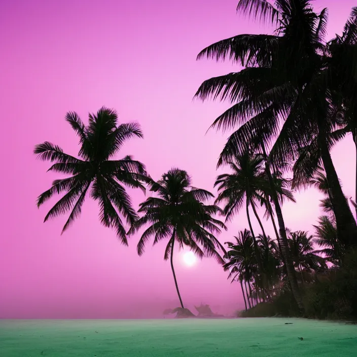 Prompt: palm trees on the beach, poster, fog, pink-blue-green light, landscaping, natural, outdoor spaces,