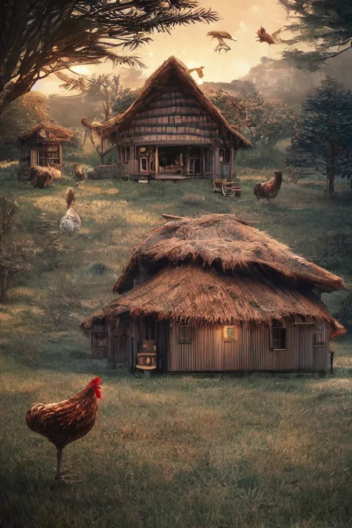 Prompt: an awesome twilight day concept art of old hut with chicken legs, by kengo kuma and wes anderson with village, mixed development, cgsociety, fantastic realism, artstation hq