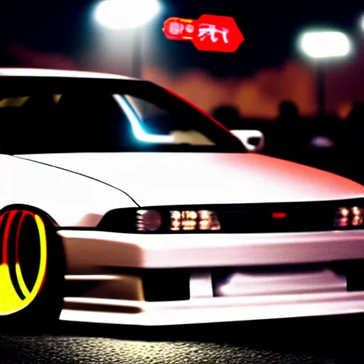 Image similar to a car JZX100 twin turbo drift at illegal car meet, Shibuya prefecture city midnight mist lights cinematic lighting photorealistic highly detailed wheels, high detail