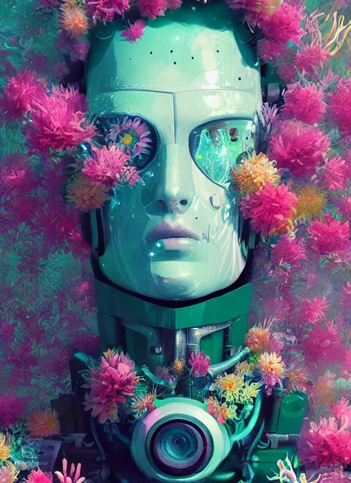 Prompt: closeup, underwater digital painting of a robot wearing a suit made of flowers, cyberpunk portrait by filip hodas, cgsociety, panfuturism, abstract expressionism, scribbles, made of flowers, dystopian art, vaporwave!
