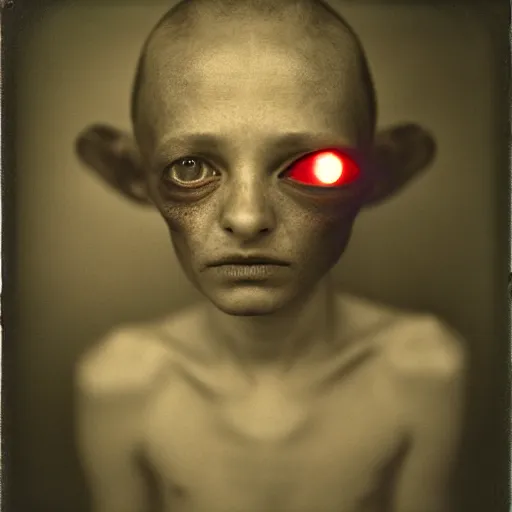 Image similar to a realistic photograph of a alien with glowing red eyes taken by sally mann, portrait, hazy, muted colors, detailed, bleak, 125mm