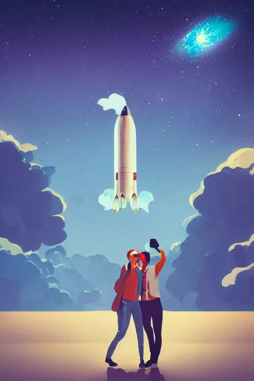 Prompt: two people take a selfie at a rocket launch, retro, soft colours, on a far planet, futuristic space port, artstation, concept art, smooth, sharp focus, illustration,