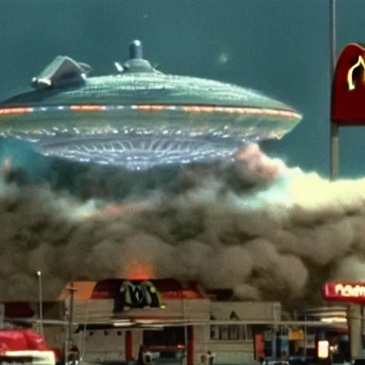 Image similar to mothership from independence day (1996) destroying a mcdonalds