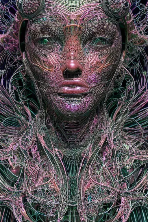 Image similar to a melancholic realistic 8k Sculpture of a complex robotic human face, liquid simulation, bright psychedelic colors, dramatic lighting, hexagonal mesh wire, filigree intricate details, cinematic, fleshy musculature, white blossoms, elegant, 50mm lens, DOF, octane render, art nouveau, 8k post-processing, intricate art by Raymond Swanland