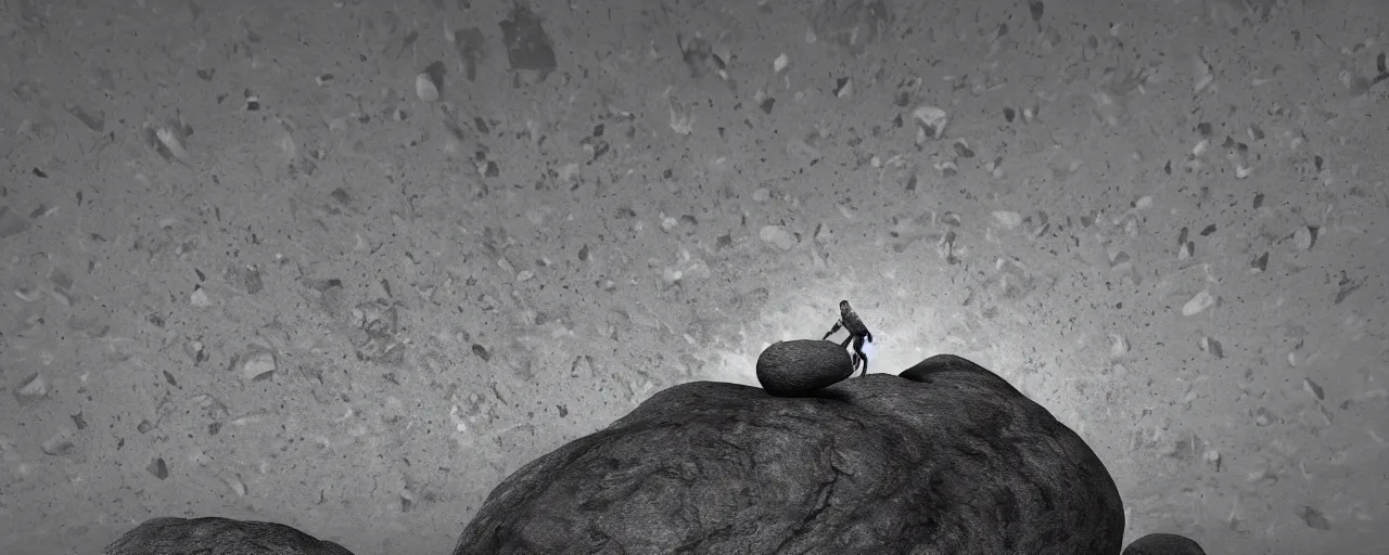 Image similar to Sisyphus pushing a large and round boulder up a mountain, the stone is rolling up, sisyphus looks tired and dejected, the mountain is steep, melancholic mood, photo realistic, 8k, HDR, ultra detailed, close up shot, movie poster, cinematic composition, trending on artstation