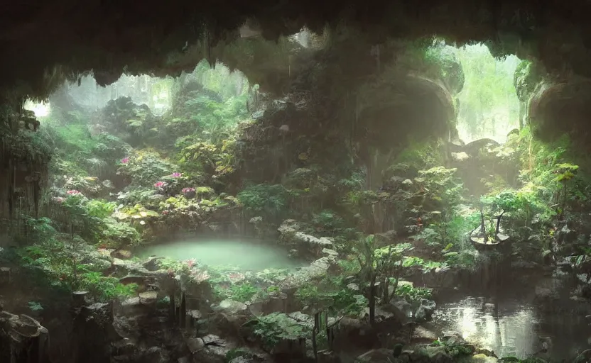 Image similar to painting of an interior of a hidden japanese hotspring in a small cave, fantasy, lush plants and flowers, natural light, concept art, by craig mullins, cozy atmospheric and cinematic lighting, trending on artstation