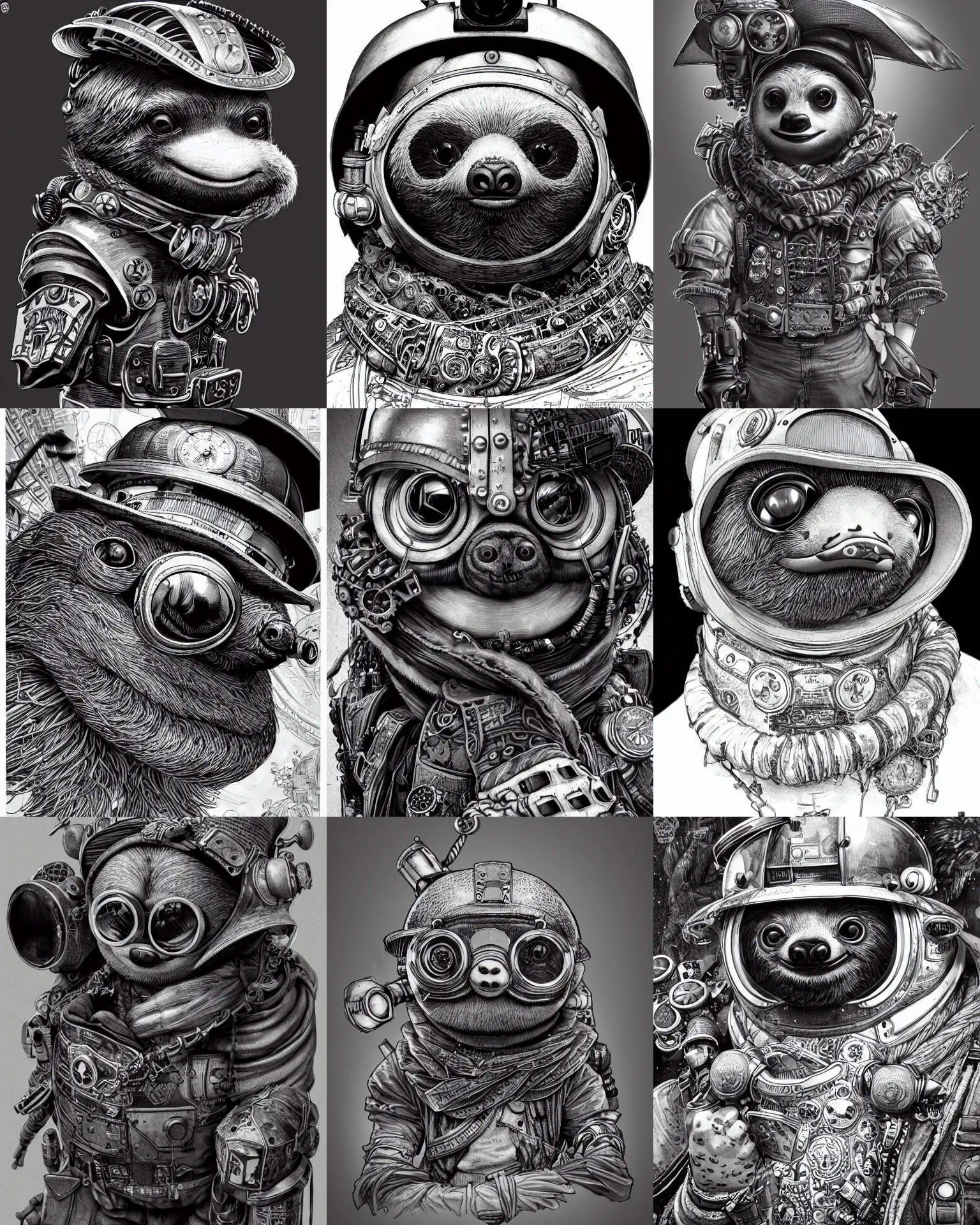 Prompt: highly detailed ink illustration full shot portrait of a steampunk sloth wearing a helmet and a scarf, unreal engine, octane render, b & w clean shaped illustration by kim jung gi, ric estrada, ron english and eiichiro oda