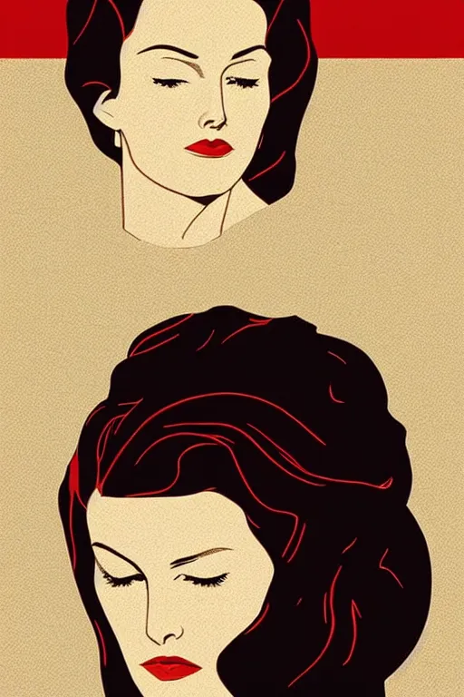 Prompt: Shepard Fairey Patrick Nagel poster of a Famous Actress posed in profile, she has beautiful bone structure and long hair. Eyes closed. highly detailed.