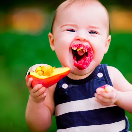 Image similar to photo of an insane baby laughing and eating a peach, bokeh focus