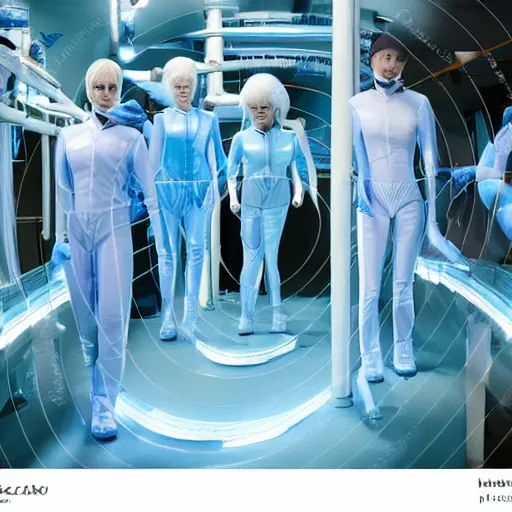 Prompt: troop in formation of athletic humans with light blue latex suits and white hair on a conveyor belt, futuristic chemistry lab, sci - fi, highly detailed, hyperrealistic