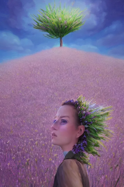 Image similar to closeup, giant flower head mohawk, woman in heather field, surreal photography, starlight, storm clouds, impressionist painting, digital painting, artstation, simon stalenhag