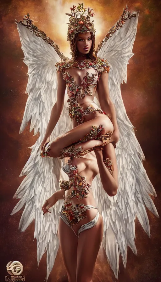 Prompt: expressive full body photo of sophia lauren as beautiful angel, smooth glowing skin, ornate headpiece made from flowers, ornaments, glamour shot, by karol bak, by stefan gesell, by artgerm, octane render, unreal engine, photorealistic, canon r 3, fashion photography, studio shot