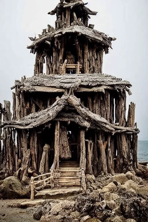 Image similar to A photo of a magical temple made out of driftwood