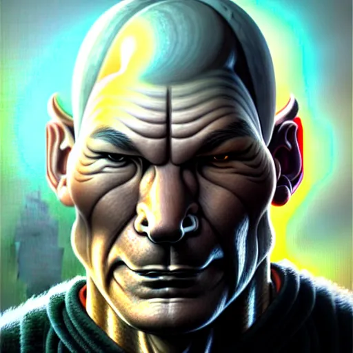 Image similar to portrait painting of a cyberpunk muscular patrick stewart with tusks, ultra realistic, concept art, intricate details, eerie, highly detailed, photorealistic, octane render, 8 k, unreal engine. art by artgerm and greg staples and elsa beskow and brian froud and jessica rossier