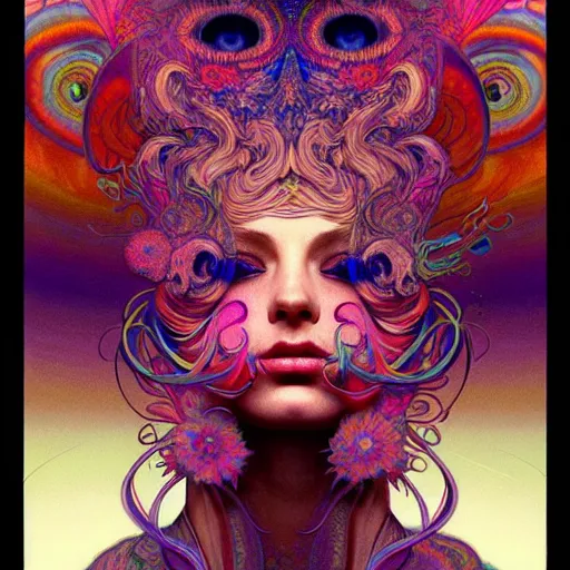 Image similar to An extremely psychedelic experience, reality bending, colorful, surreal, feathers, illuminated, magic mushrooms, psilocybin, LSD, face, detailed, intricate, elegant, highly detailed, digital painting, artstation, concept art, smooth, sharp focus, illustration, art by Krenz Cushart and Artem Demura and alphonse mucha