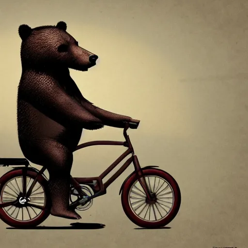 Image similar to a bear riding a bicycle and smoking cigars, digital art, artstation, 4 k