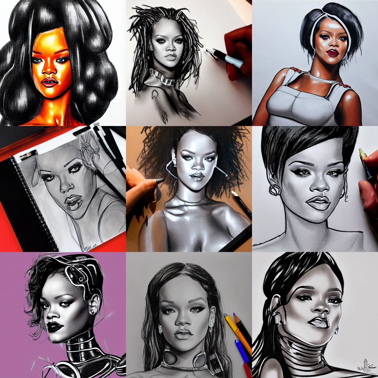 Prompt: a robot sketching Rihanna