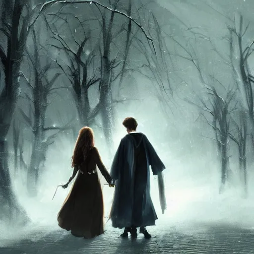 Prompt: harry potter and hermione hand in hand walking in hogwarts yard, elves around, lovely, lightly dark theme, harry potter theme, by greg rutkowski, trending on artstation