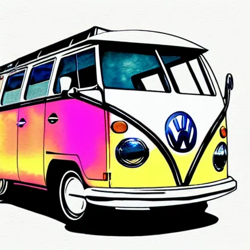 Prompt: fisheye perspective caricature watercolor painting of a vw volkswagen bus, bulli, type - 2, microbus, kombi from pixars cars with eyes instead of a windshield flying towards the camera, jumping at the viewer doors fully open, luggage in the air, dynamic action shot, fish eye lense, frontal, huge vulcano is seen in the background