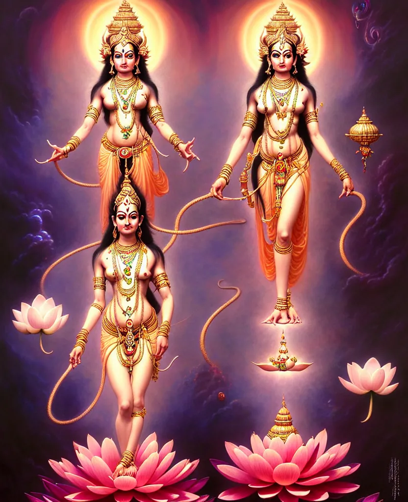 Image similar to beautiful hindu goddess laxmi fantasy character portrait, four hands, standing on a lotus, ultra realistic, intricate details, the fifth element artifacts, highly detailed by peter mohrbacher, hajime sorayama, wayne barlowe, boris vallejo, aaron horkey, gaston bussiere, craig mullins