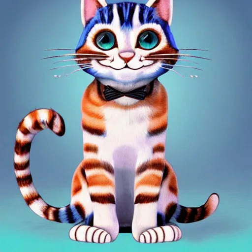 Image similar to cute blue striped cat of cheshire from alice in wonderland. an adorable cat with light blue stripes and a big playful human - like smile. award - winning digital art, trending on artstation