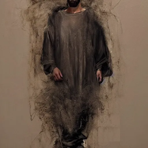 Image similar to a full body lookbook portrait of modern - day jesus wearing cream yeezy and fear of god menswear collection by nicola samori, detailed, oil painting, hyper - realistic, 8 k, yeezy collection