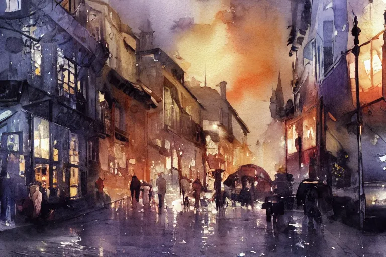 Prompt: small centered on watercolor paper, paint brush strokes, abstract watercolor painting of lisbon, cinematic light, national romanticism by hans dahl, by jesper ejsing, by anders zorn, by greg rutkowski, by greg manchess, by tyler edlin