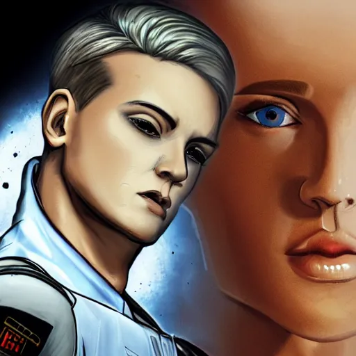 Image similar to character concept art of stoic heroic emotionless handsome blond butch tomboy woman with very short slicked-back hair, no makeup, in dirty and worn flight suit, science fiction, illustration