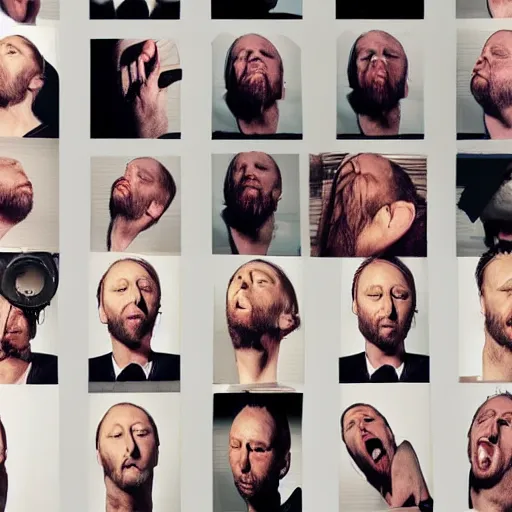 Image similar to photobooth prints of random thom yorke versions on a table, hyper realistic, many very random variations of thom yorke, various emotions, various poses, high quality photographs, mixed styles, intricate details, diverse