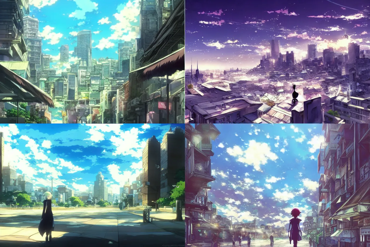 Prompt: infinitely detailed beautiful!, city bright daylight background dreamy!, anime by shinkai makoto, highly detailed, lonely scenery yet peaceful!!, atmospheric, ambient lighting!
