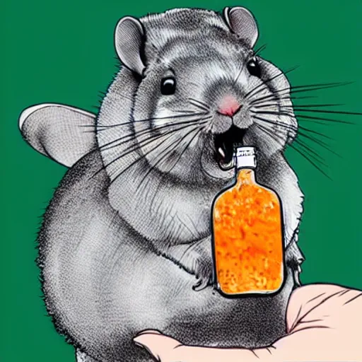 Image similar to a pen and ink drawing of a happy chinchilla excitedly holding aloft a bottle of hot sauce