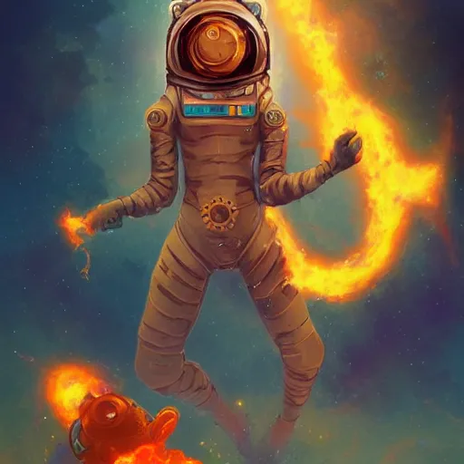 Image similar to A Steampunk astronaut with a golden helmet and full body swimming thru lava, character concept in the style of a graphic manga by peter mohrbacher and Kohei Horikoshi, underwater background with detailed fish swimming by Kelly Mckernan, trending on artstation, HD,