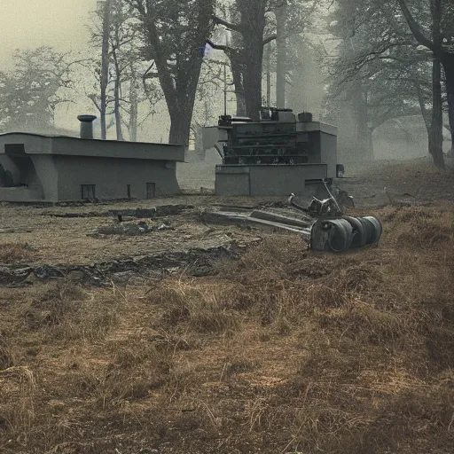 Prompt: film still of a military compound during ww 2 in the forest, big anti aircraft gun between 2 buildings, trenches dug around the perimeter, filmgrain, zeiss lens, redshift, octane, foggy diffused lighting