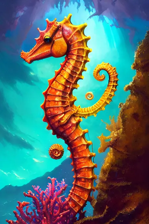 Image similar to highly detailed portrait of rainbow - colored seahorse, stephen bliss, unreal engine, fantasy art by greg rutkowski, rhads, ferdinand knab, makoto shinkai and lois van baarle, ilya kuvshinov, rossdraws, tom bagshaw, global illumination, radiant light, yellow blue theme, coral reef