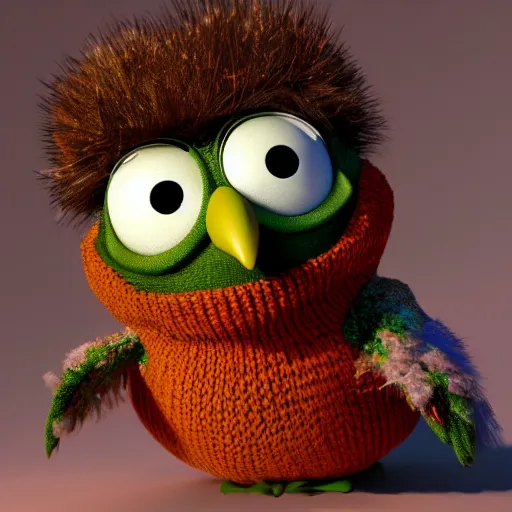 Prompt: anthropomorphic cute bird character wearing a knitted sweater, Disney Pixar, in the style of claymation, high detail, detailed feathers and fur, 3d render