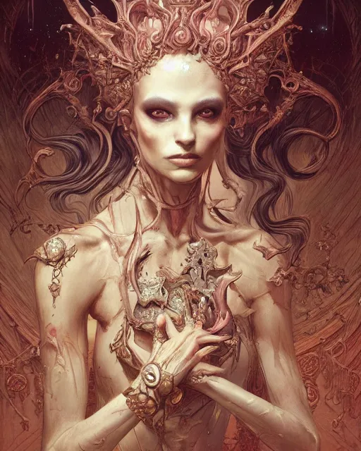 Image similar to a beautiful detailed front view portrait of a dead rotten princess growing ornate baroque, ornamentation, elegant, beautifully soft lit, by wayne barlowe, peter mohrbacher, kelly mckernan