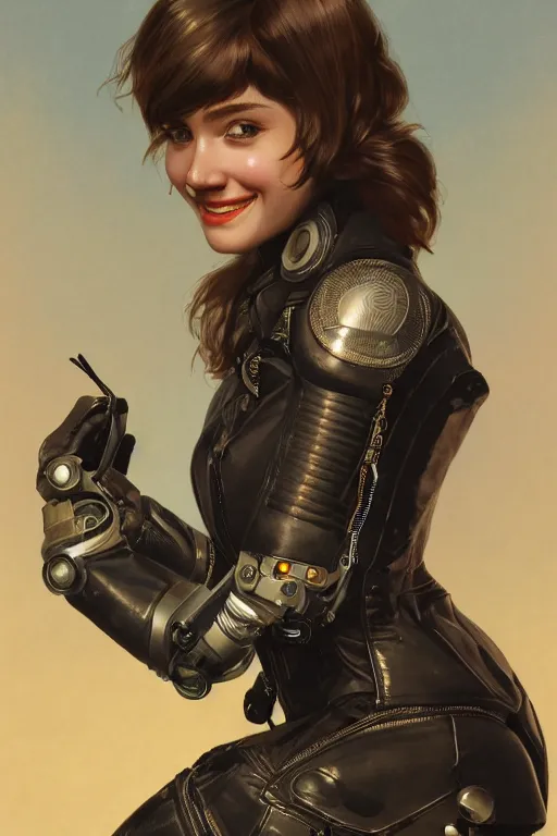 Prompt: a portrait of a cute female robot wearing a leather motorcycle jacket, intricate mechanical parts, smiling face, upbeat expression, bob cut hair, close - up, cinematic, intricate details and textures, soft lighting, epic pose, by artgerm, greg rutkowski, alphonse mucha, 8 k