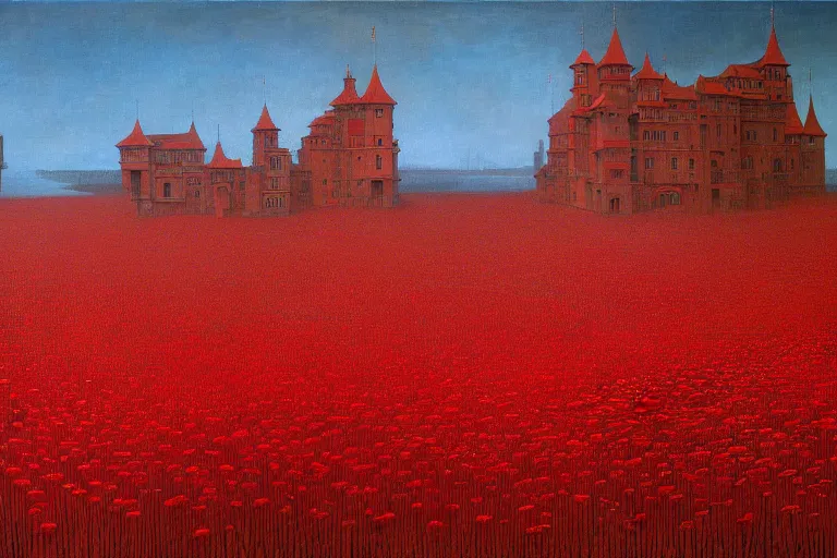 Image similar to only with red, red flowers of different types, a red tiger, a castle in the background, medieval demons dance over the flowers, an ancient path, in the style of beksinski, part by hopper, part by rodcenko, part by hofbauer, intricate composition, red by caravaggio, insanely quality, highly detailed, masterpiece, red light, artstation